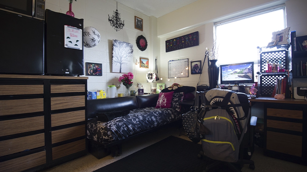 Bedroom with desk, chair, shelving unit, and patterned curtains.