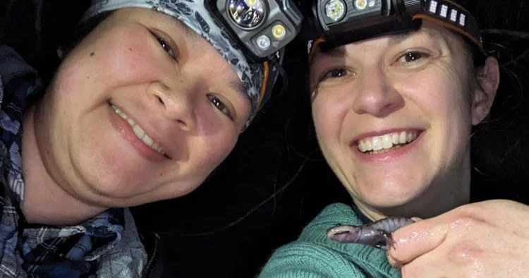 Dr. Sinlan Poo and Dr. Lori Neuman-Lee hold spotted salamanders while conducting field work.
