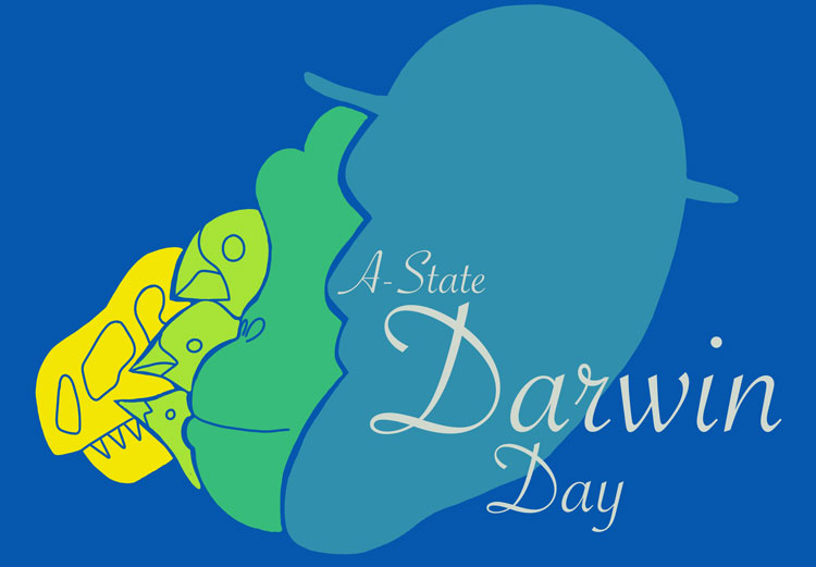 graphic for darwin day events in blues and greens