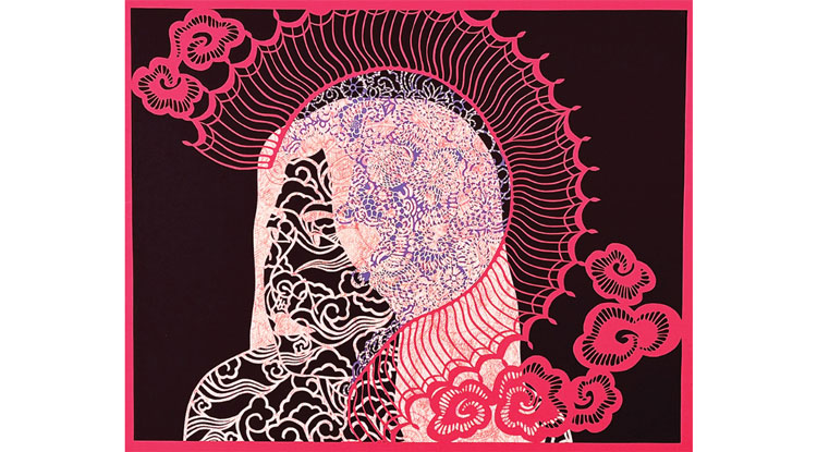 Image of an art piece in hot pink, black, and white