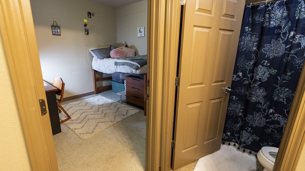 View from bathroom into bedroom with lofted bed and desk setup.