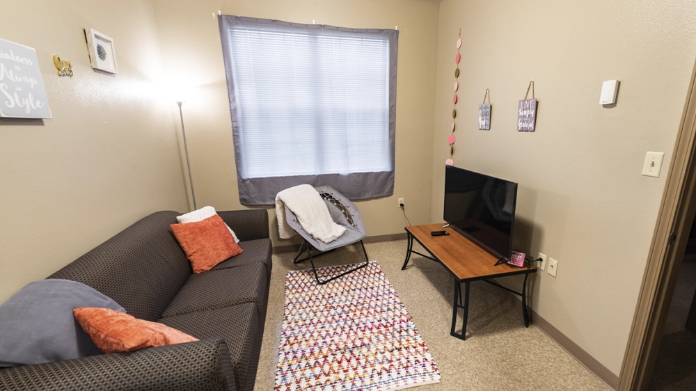 Living room with sofa, TV stand, and bright window with natural light.