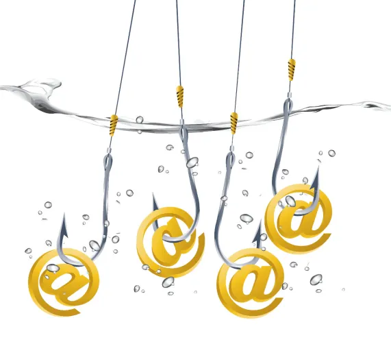 Phishing graphic of @ signs on fishing hooks
