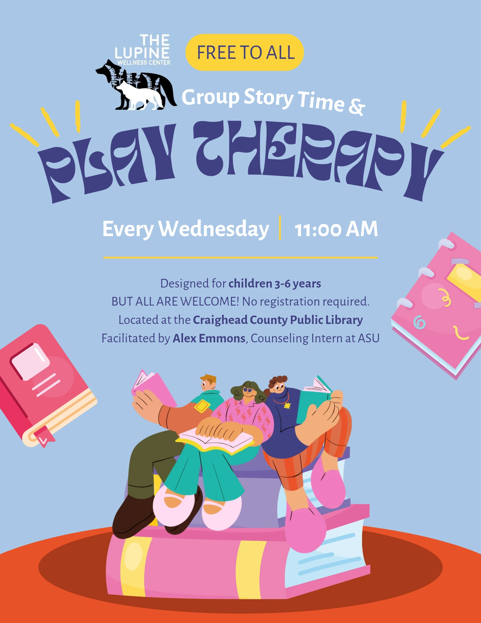Storytime event flyer with illustrations of people reading.