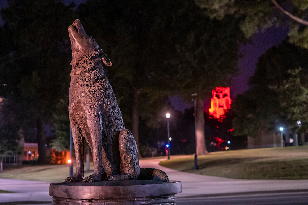A nighttime view of the Red Wolf statue with the Dean B. Ellis library lighted red in the background.