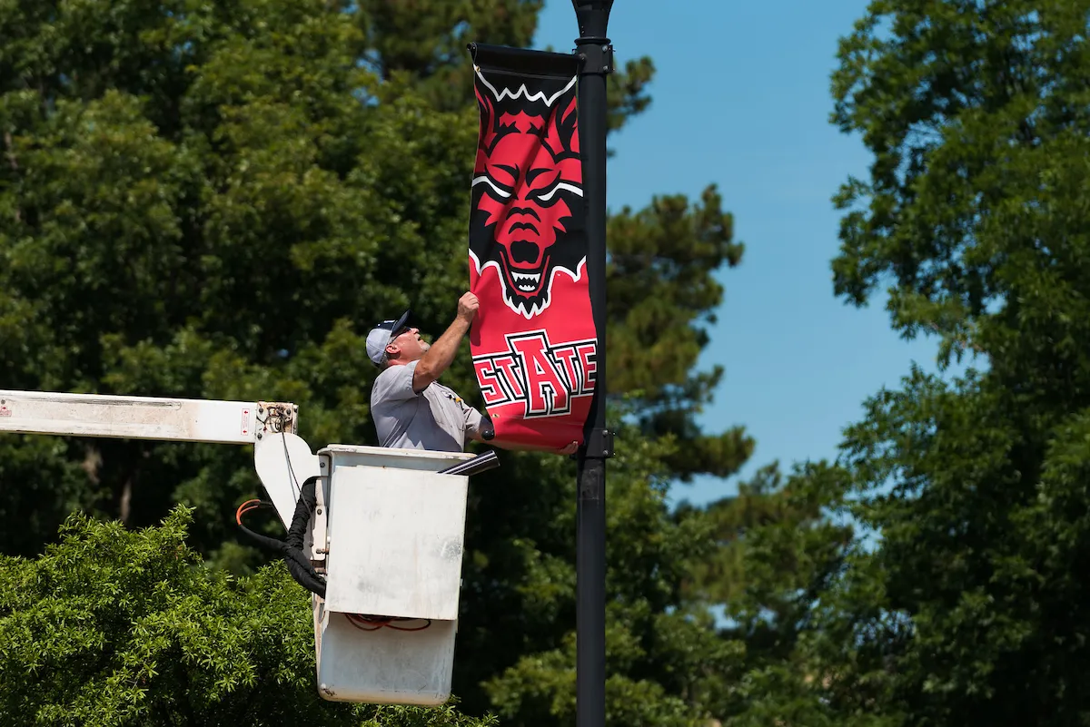 A-State staff member straightens a Red Wolves banner on a campus light pole.