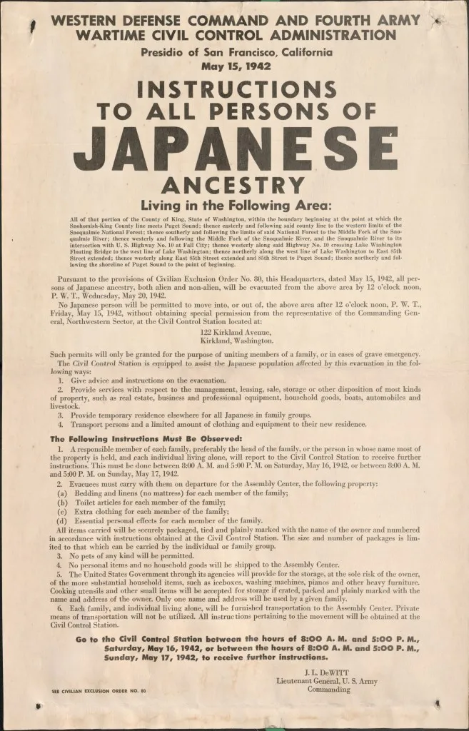 Evacuation Poster from 1942 on Inmstructions to all persons of japanese ancestry