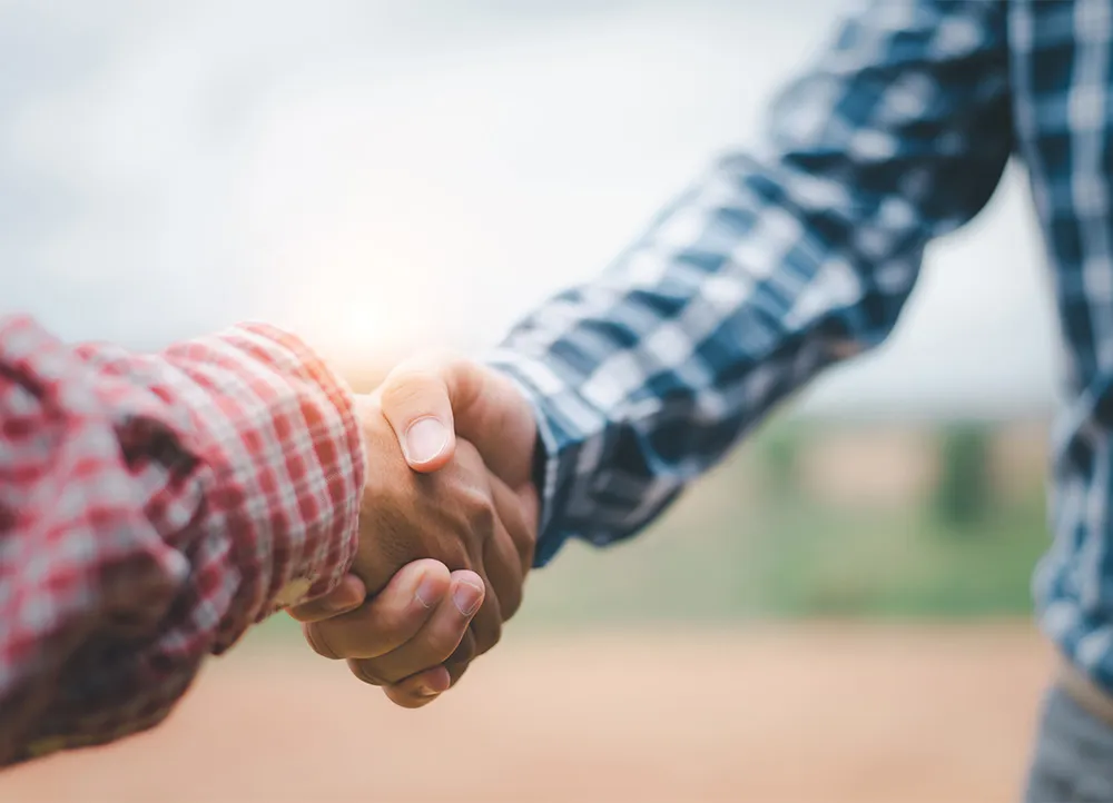 closeup view of a handshake between two men wearing plaid shirts