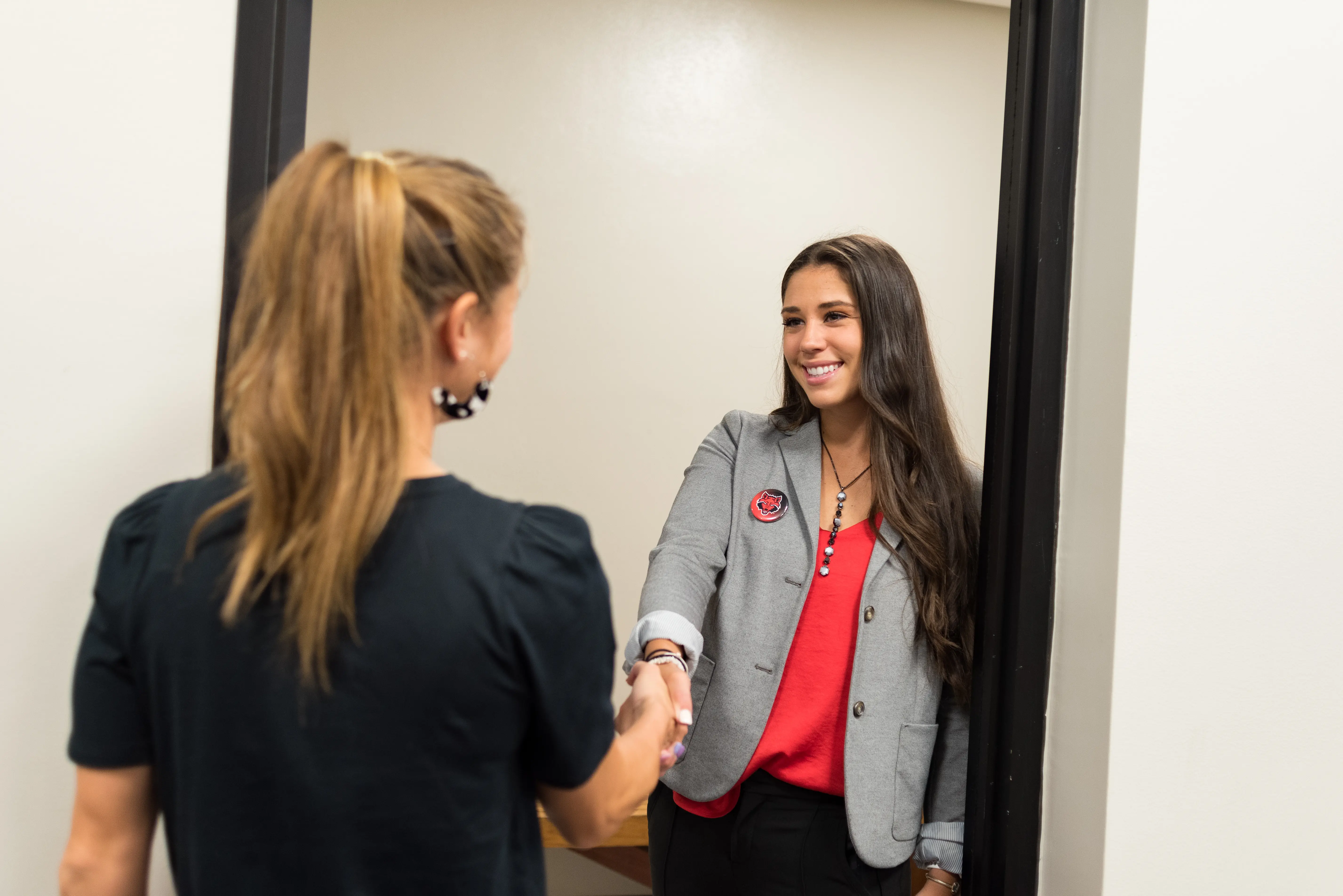 A-State students in the sales leadership center doing mock interviews or sales pitches.