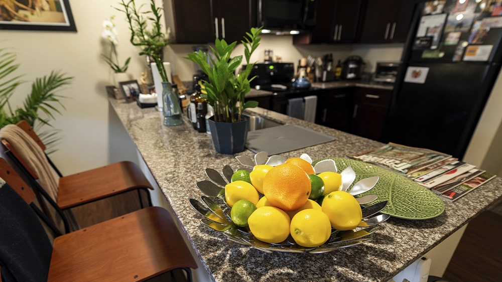 Granite kitchen counter with decorative fruit bowl, plants, and bar stools.