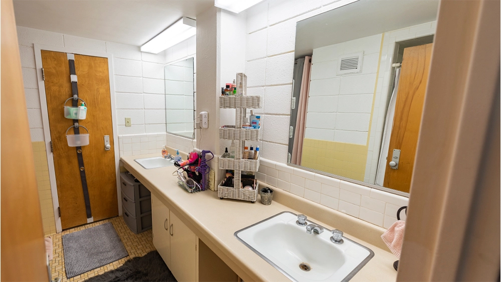 Suite-style bathroom with two sinks, large mirrors, and a countertop organizer holding toiletries. Wooden doors lead to additional areas of the bathroom.