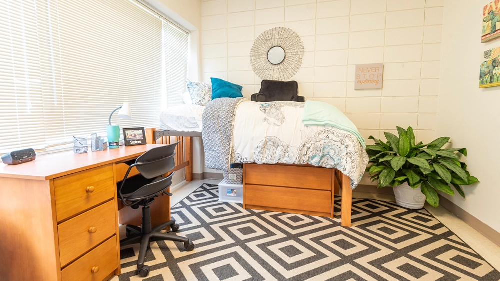 Bedroom corner view showing a lofted bed with patterned bedding, a wooden desk with chair, and a decorative wall mirror above the bed. A large plant sits in the corner, and a geometric rug covers the floor.