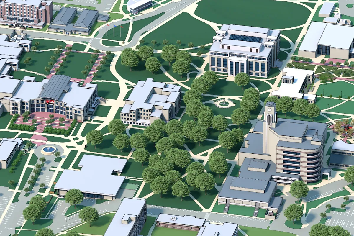 A 3D rendering of the Arkansas State University campus showing buildings, paths, and green spaces.