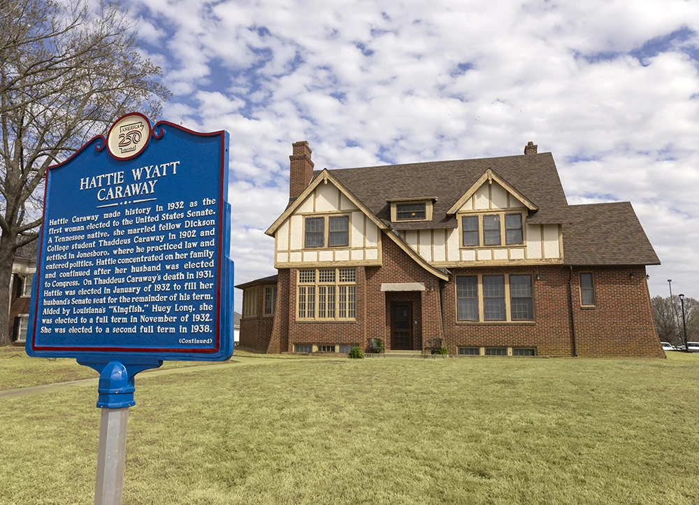 The Hattie Caraway sign outside of the Kays House.