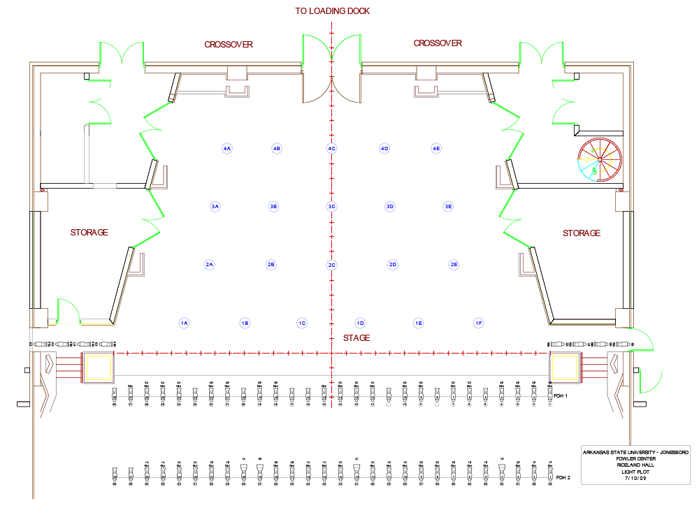 A map of Riceland Hall's stage and lighting map.
