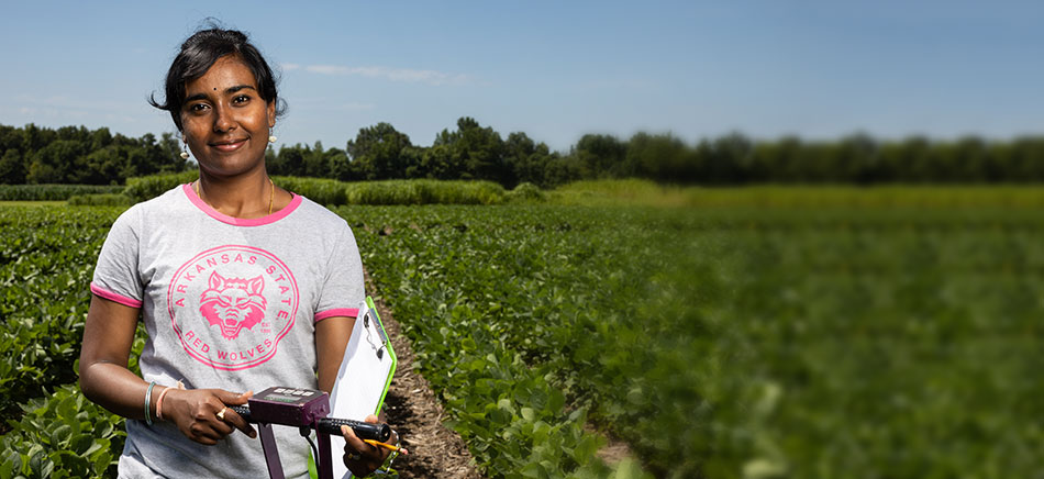 An A-State student using equipment in a field of crops