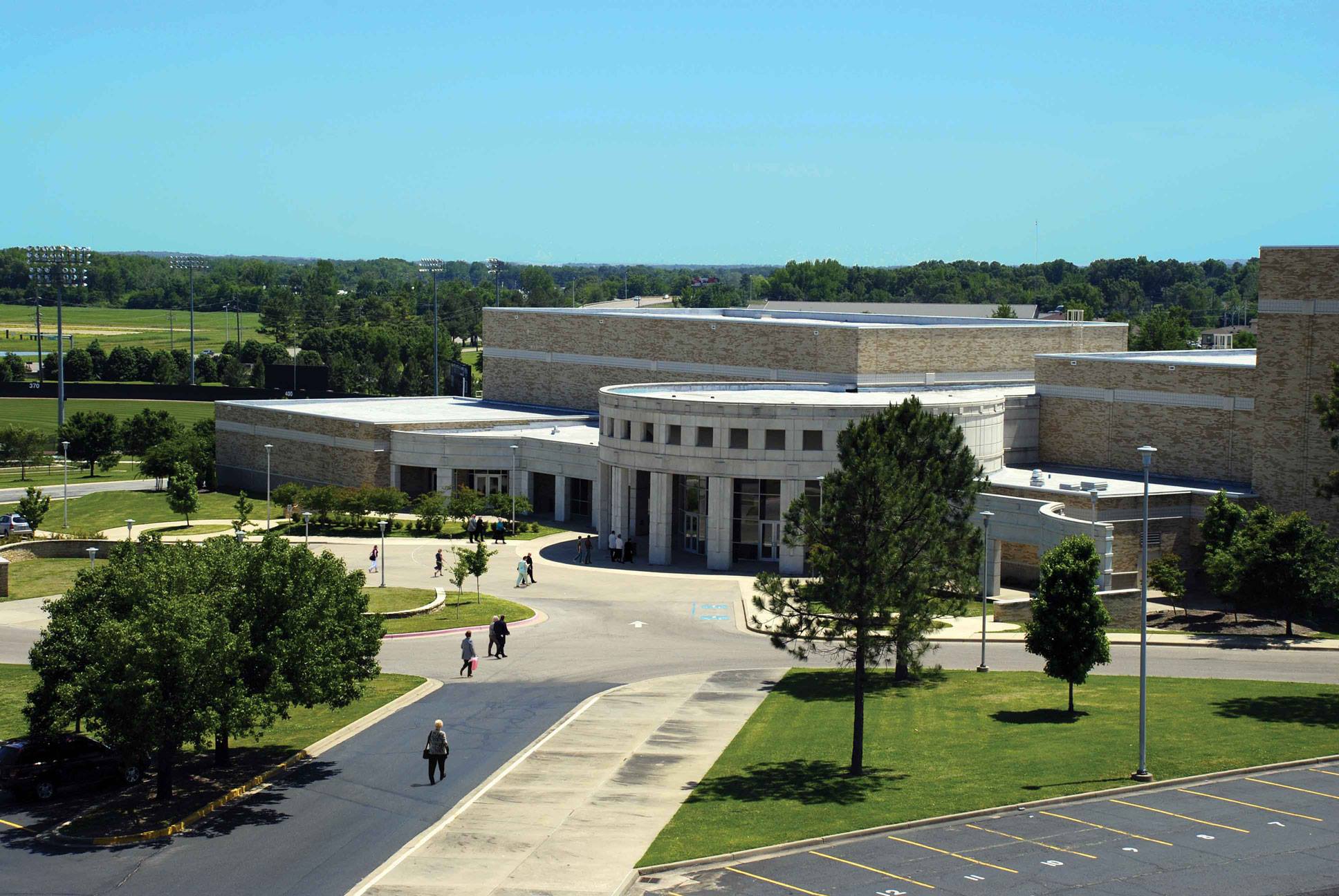 An aerial view of the Fowler Center, looking at the front rotunda entrance.