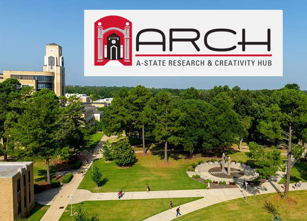 Arial shot of A-State campus featuring the Dean B. Ellis Library tower and Memorial Arch